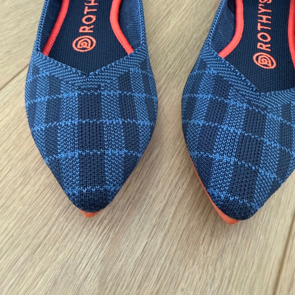 Rothys The Point Navy Blue Plaid Pointed Toe Flats Neon Orange Sole Womens 6.5 - Picture 3 of 8